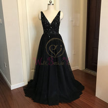 Load image into Gallery viewer, Beading Prom Dresses 2020 V neck Pink High Split Tulle Sweep Train Sleeveless Evening Gown A-line Lace Up Backless Vestido De