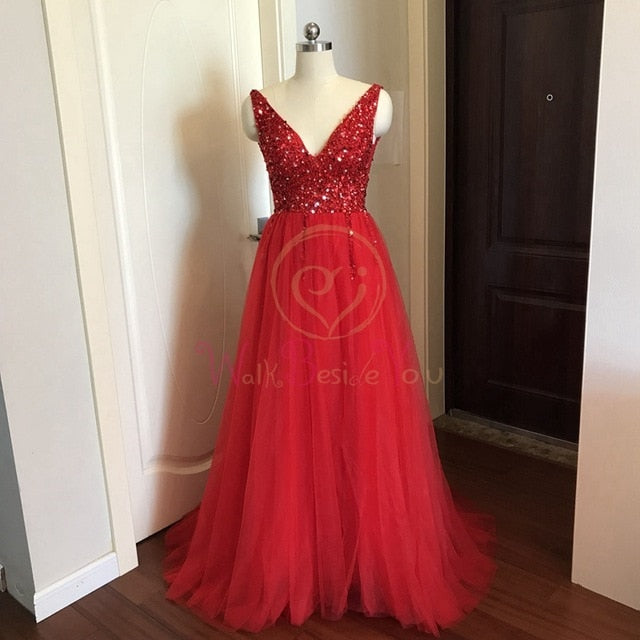 Beading Prom Dresses 2020 V neck Pink High Split Tulle Sweep Train