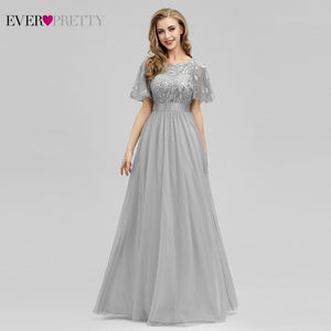 Robe De Soiree Sparkle Evening Dresses Long Ever Pretty EP00904GY A-Line O-Neck Short Sleeve Formal Dresses Women Elegant Gowns