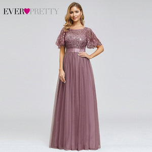 Robe De Soiree Sparkle Evening Dresses Long Ever Pretty EP00904GY A-Line O-Neck Short Sleeve Formal Dresses Women Elegant Gowns