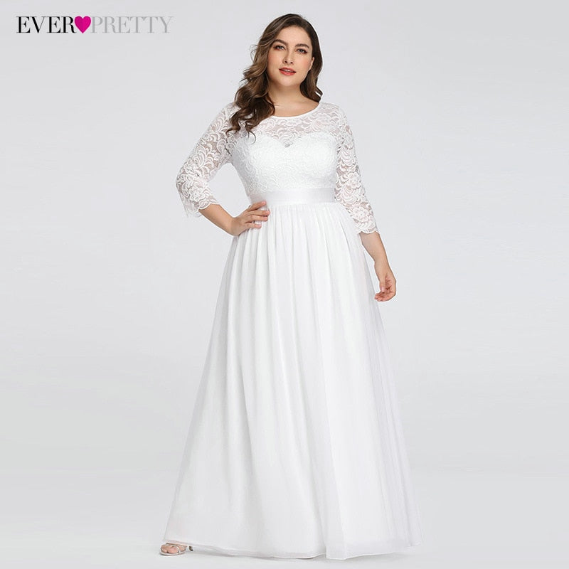 Plus Size Wedding Dresses Elegant A-Line Lace Long Beach Vintage Bridal Dress with Sleeve Ever Pretty EP07412 Vestido de Noiva